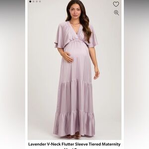 Lavender V-Neck Flutter Sleeve Tiered Maternity Maxi Dress (Medium)
